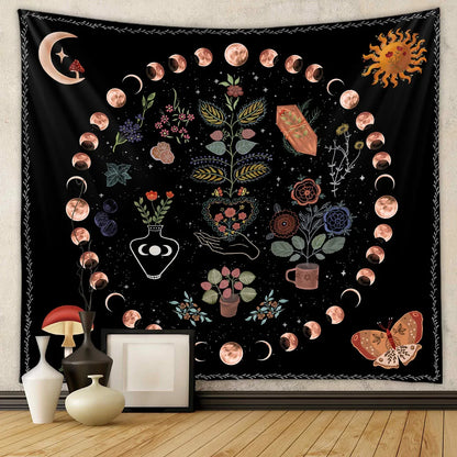 Moonlit Garden Tapestry Celestial Floral  Wall Hanging Moon Phase sun Starry black Botanical Hippie  Carpets Decor