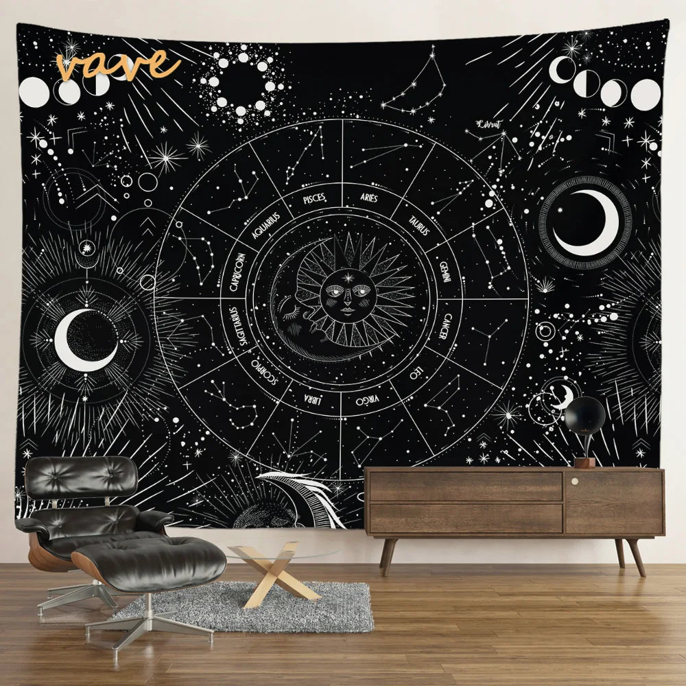Witchcraft Astrology Mandala Tapestry Black and White Sun Moon Tarot Hippie Aesthetic Cloth Fabric Large Tapestry Wall Hanging