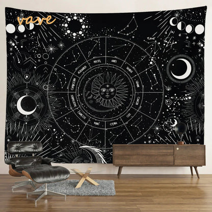 Witchcraft Astrology Mandala Tapestry Black and White Sun Moon Tarot Hippie Aesthetic Cloth Fabric Large Tapestry Wall Hanging