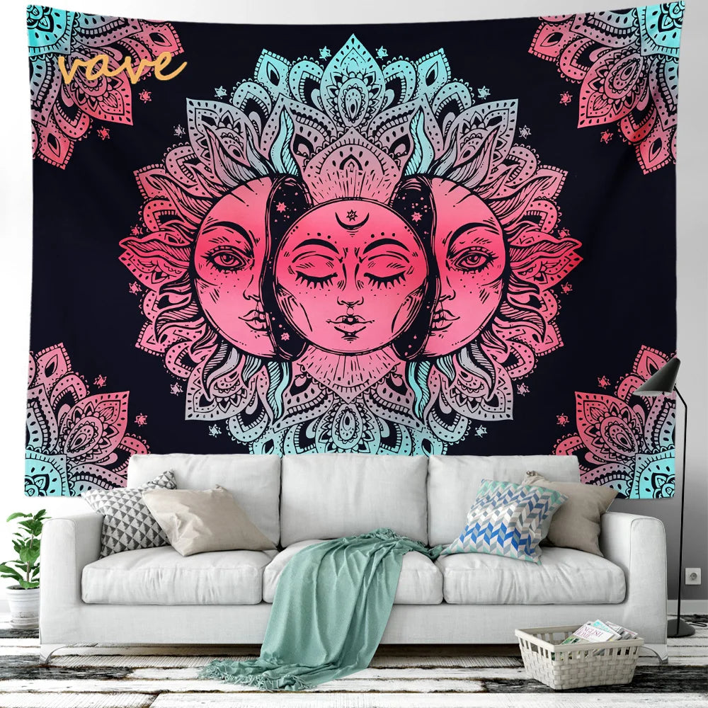 Witchcraft Astrology Mandala Tapestry Black and White Sun Moon Tarot Hippie Aesthetic Cloth Fabric Large Tapestry Wall Hanging
