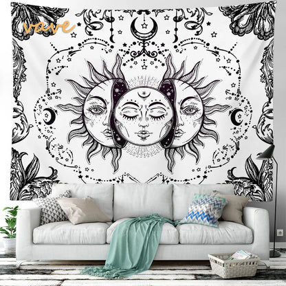 Witchcraft Astrology Mandala Tapestry Black and White Sun Moon Tarot Hippie Aesthetic Cloth Fabric Large Tapestry Wall Hanging