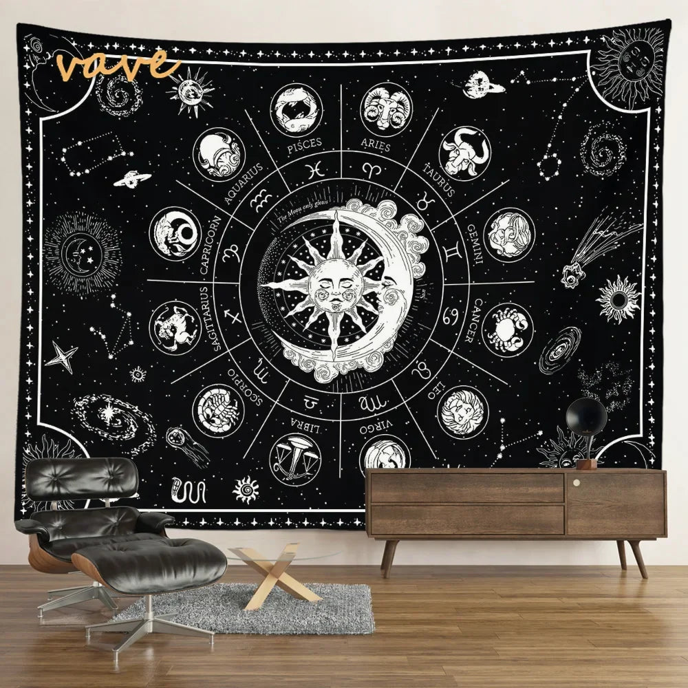 Witchcraft Astrology Mandala Tapestry Black and White Sun Moon Tarot Hippie Aesthetic Cloth Fabric Large Tapestry Wall Hanging