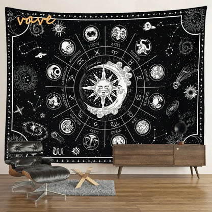 Witchcraft Astrology Mandala Tapestry Black and White Sun Moon Tarot Hippie Aesthetic Cloth Fabric Large Tapestry Wall Hanging