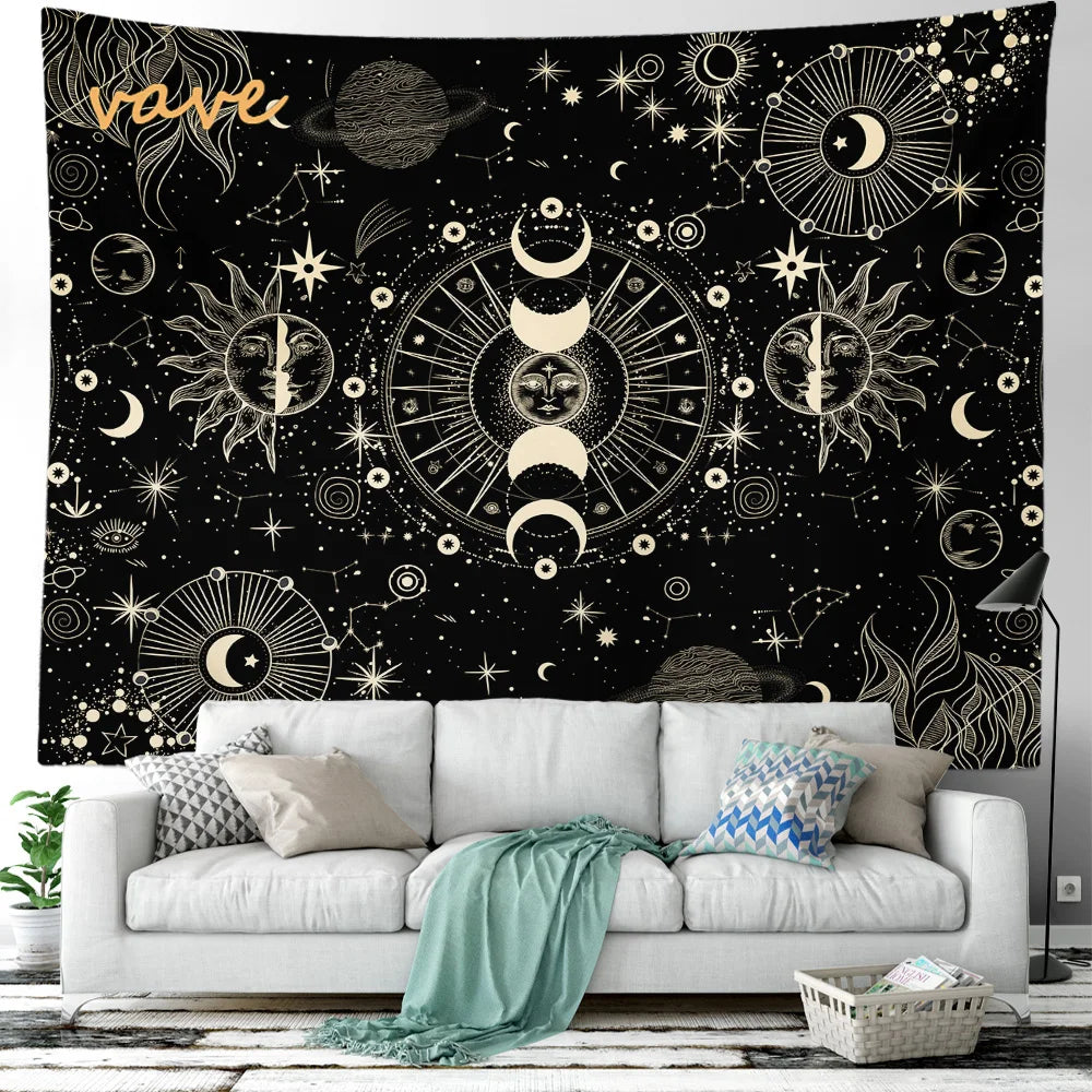 Witchcraft Astrology Mandala Tapestry Black and White Sun Moon Tarot Hippie Aesthetic Cloth Fabric Large Tapestry Wall Hanging
