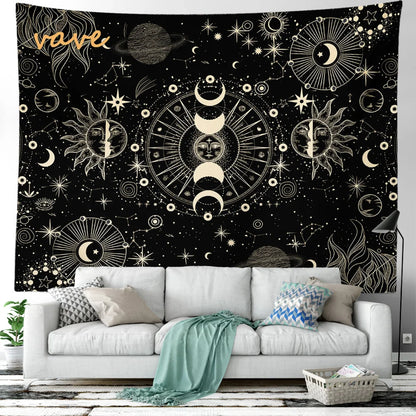 Witchcraft Astrology Mandala Tapestry Black and White Sun Moon Tarot Hippie Aesthetic Cloth Fabric Large Tapestry Wall Hanging