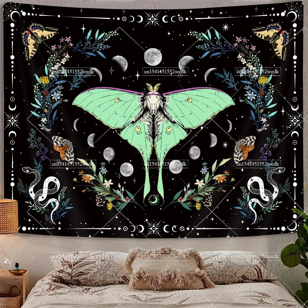 Psychedelic Bohemian Wall Tapestry For Living Room Moon Phase And Stars Tapestrys Butterfly Snake Tapestries Tarot Altar Cloths