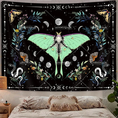 Psychedelic Bohemian Wall Tapestry For Living Room Moon Phase And Stars Tapestrys Butterfly Snake Tapestries Tarot Altar Cloths