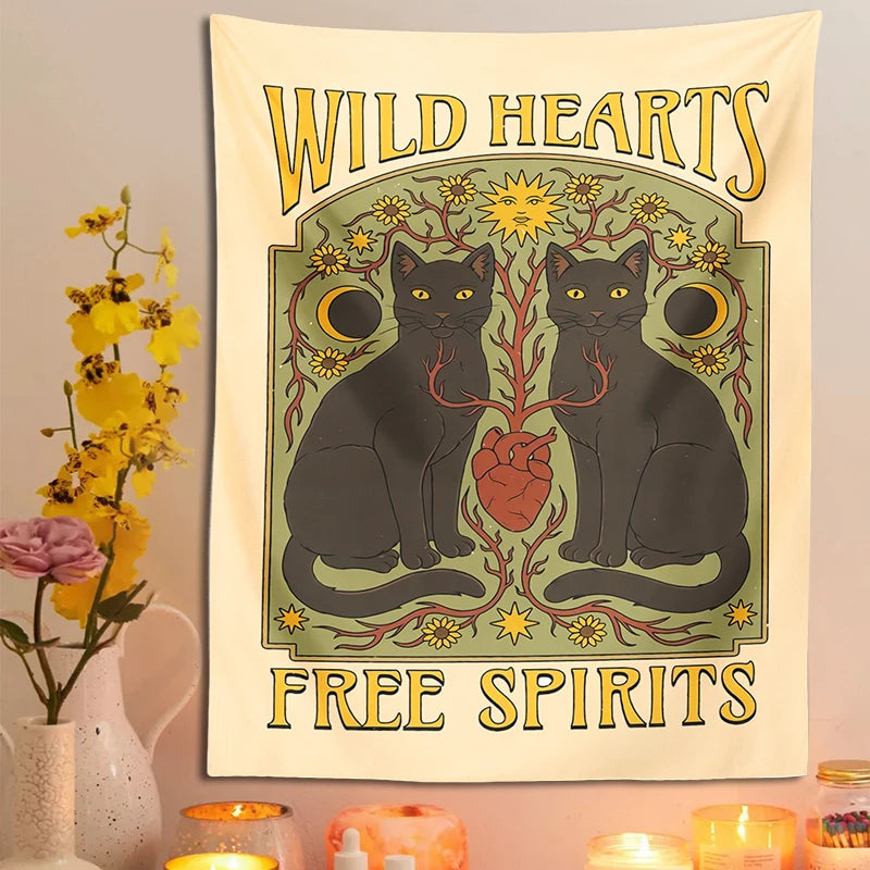 Sun Moon cat Tapestry Wall Hanging Tarot retro black white cat psychedelic love star for Living Room Home Dorm Decor Cloth gift