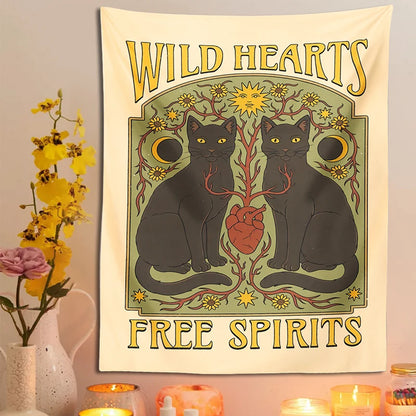 Sun Moon cat Tapestry Wall Hanging Tarot retro black white cat psychedelic love star for Living Room Home Dorm Decor Cloth gift
