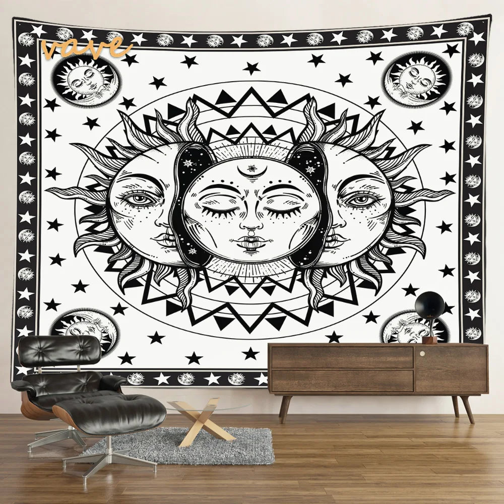 Witchcraft Astrology Mandala Tapestry Black and White Sun Moon Tarot Hippie Aesthetic Cloth Fabric Large Tapestry Wall Hanging