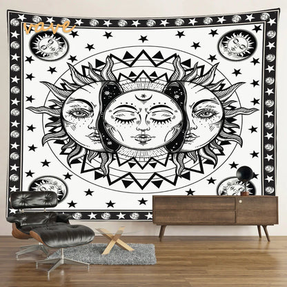 Witchcraft Astrology Mandala Tapestry Black and White Sun Moon Tarot Hippie Aesthetic Cloth Fabric Large Tapestry Wall Hanging