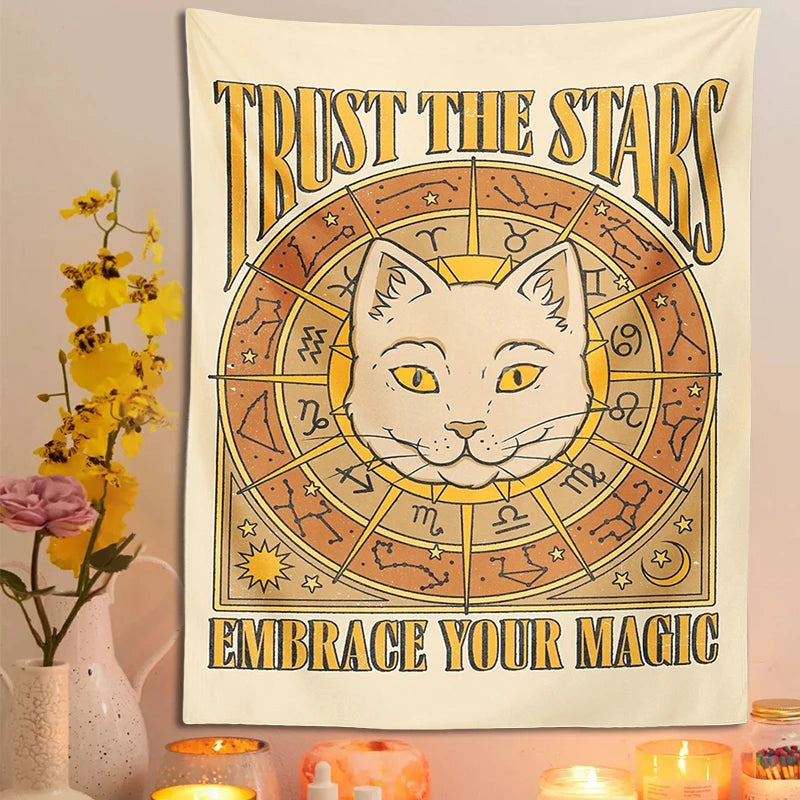 Sun Moon cat Tapestry Wall Hanging Tarot retro black white cat psychedelic love star for Living Room Home Dorm Decor Cloth gift