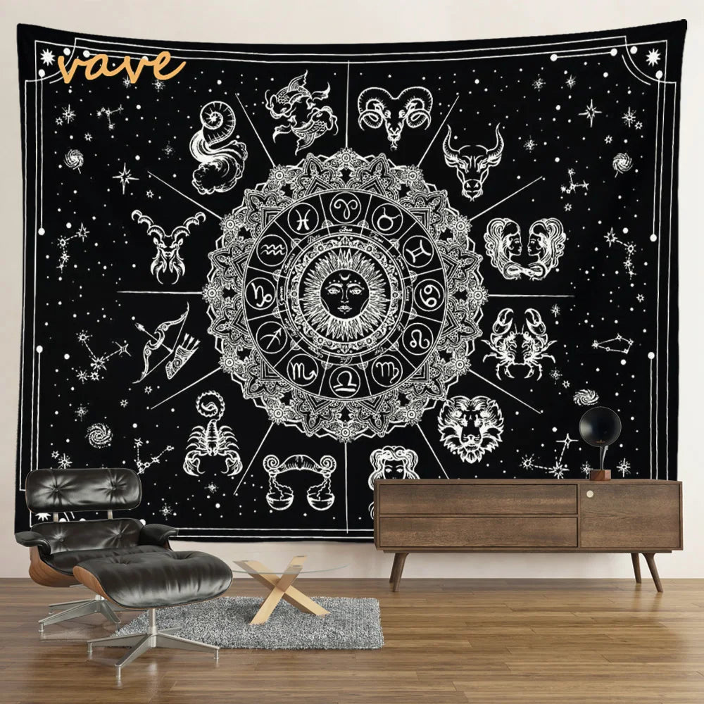 Witchcraft Astrology Mandala Tapestry Black and White Sun Moon Tarot Hippie Aesthetic Cloth Fabric Large Tapestry Wall Hanging