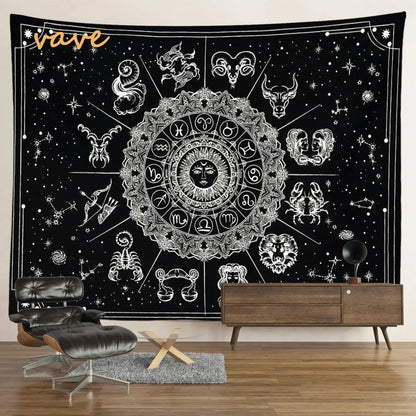 Witchcraft Astrology Mandala Tapestry Black and White Sun Moon Tarot Hippie Aesthetic Cloth Fabric Large Tapestry Wall Hanging