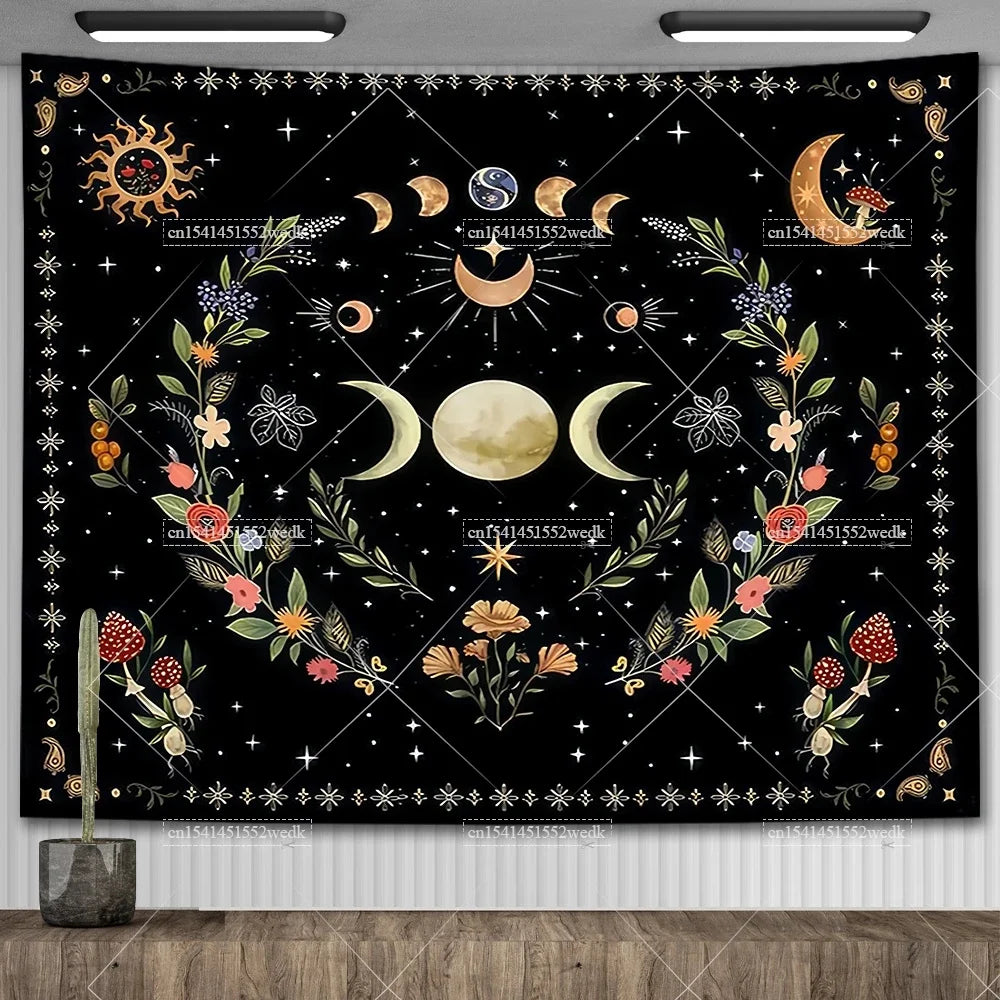 Psychedelic Bohemian Wall Tapestry For Living Room Moon Phase And Stars Tapestrys Butterfly Snake Tapestries Tarot Altar Cloths