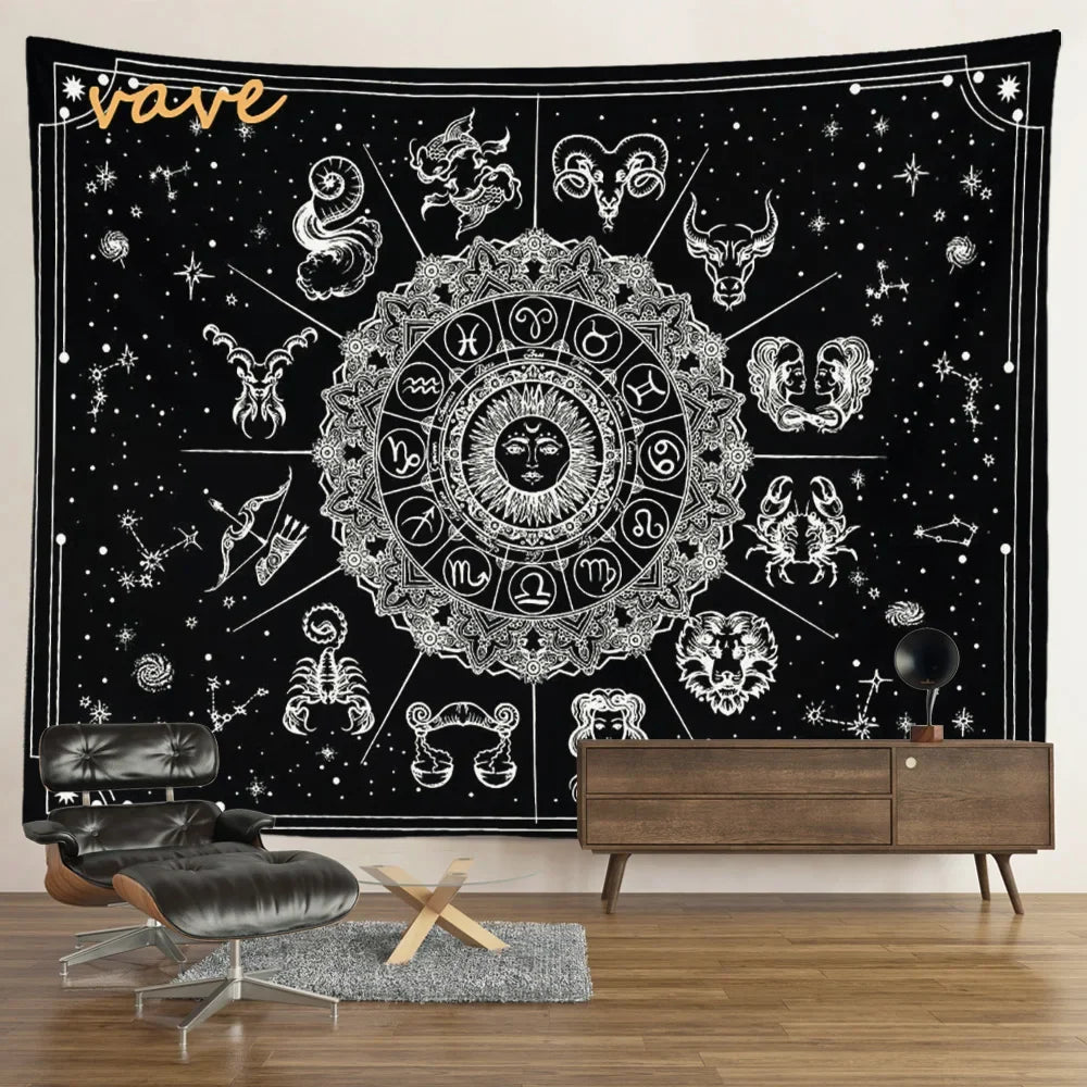 Witchcraft Astrology Mandala Tapestry Black and White Sun Moon Tarot Hippie Aesthetic Cloth Fabric Large Tapestry Wall Hanging