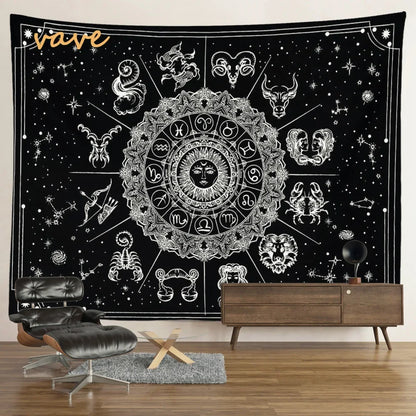 Witchcraft Astrology Mandala Tapestry Black and White Sun Moon Tarot Hippie Aesthetic Cloth Fabric Large Tapestry Wall Hanging