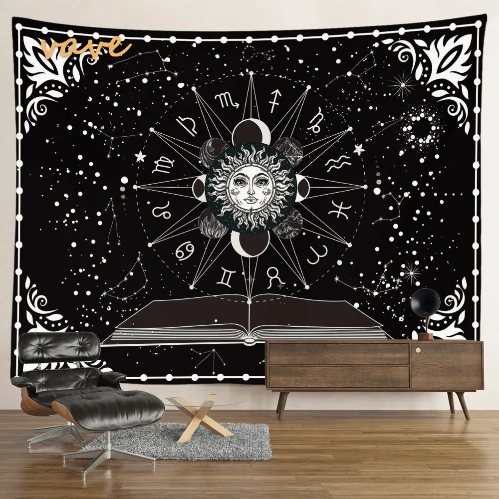 Witchcraft Astrology Mandala Tapestry Black and White Sun Moon Tarot Hippie Aesthetic Cloth Fabric Large Tapestry Wall Hanging