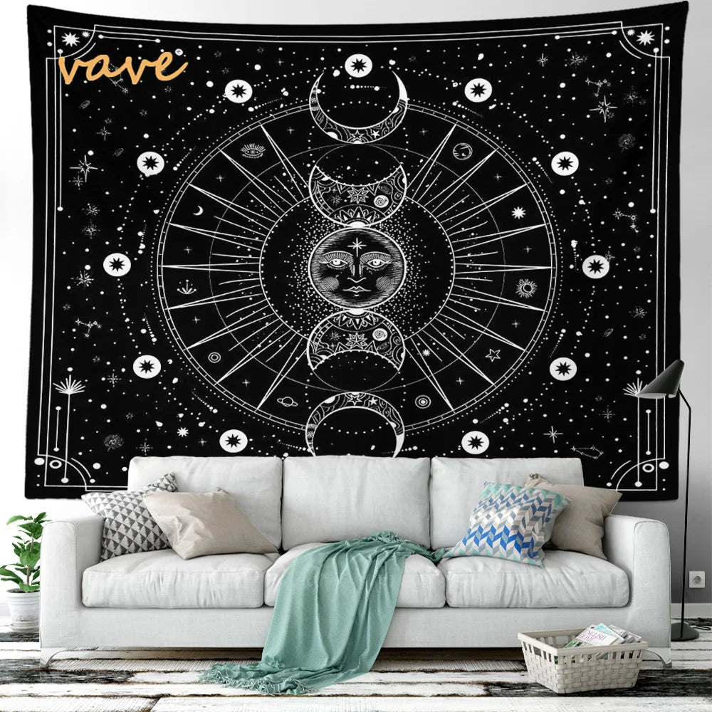 Witchcraft Astrology Mandala Tapestry Black and White Sun Moon Tarot Hippie Aesthetic Cloth Fabric Large Tapestry Wall Hanging