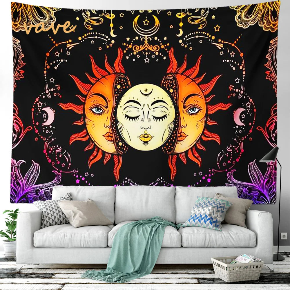 Witchcraft Astrology Mandala Tapestry Black and White Sun Moon Tarot Hippie Aesthetic Cloth Fabric Large Tapestry Wall Hanging