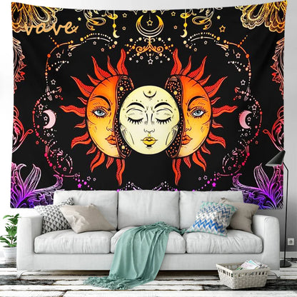 Witchcraft Astrology Mandala Tapestry Black and White Sun Moon Tarot Hippie Aesthetic Cloth Fabric Large Tapestry Wall Hanging