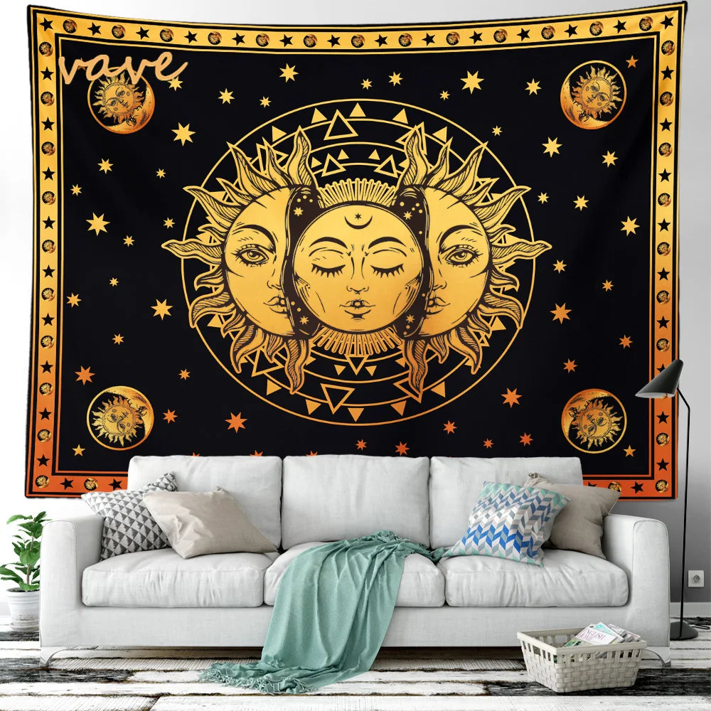Witchcraft Astrology Mandala Tapestry Black and White Sun Moon Tarot Hippie Aesthetic Cloth Fabric Large Tapestry Wall Hanging