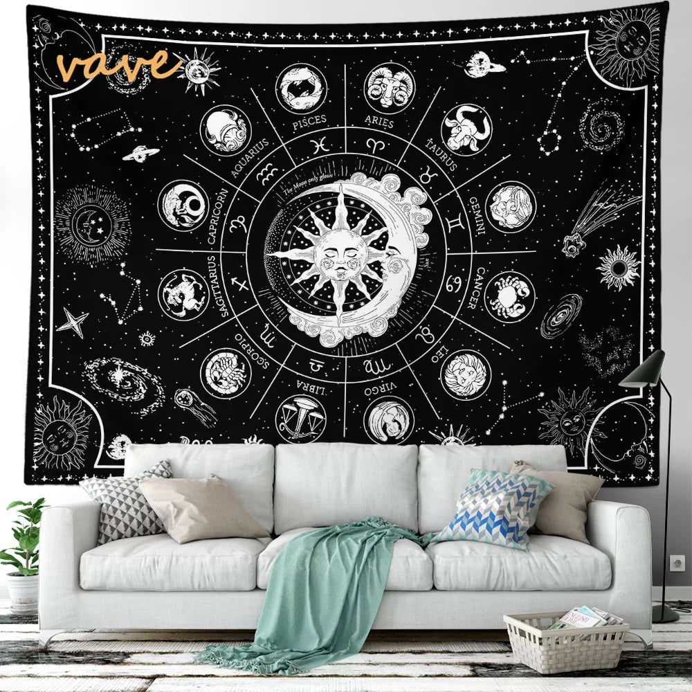 Witchcraft Astrology Mandala Tapestry Black and White Sun Moon Tarot Hippie Aesthetic Cloth Fabric Large Tapestry Wall Hanging
