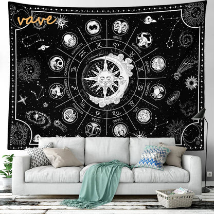Witchcraft Astrology Mandala Tapestry Black and White Sun Moon Tarot Hippie Aesthetic Cloth Fabric Large Tapestry Wall Hanging