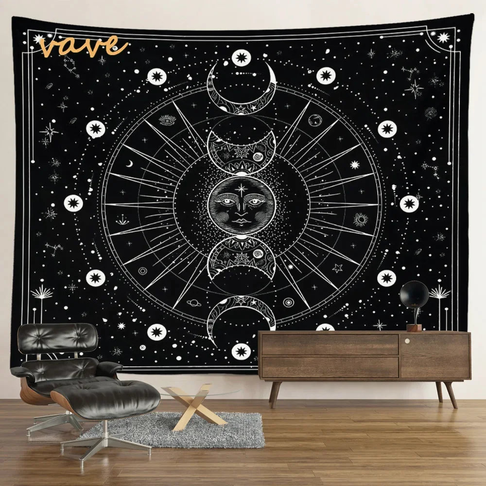 Witchcraft Astrology Mandala Tapestry Black and White Sun Moon Tarot Hippie Aesthetic Cloth Fabric Large Tapestry Wall Hanging
