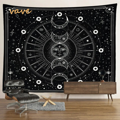 Witchcraft Astrology Mandala Tapestry Black and White Sun Moon Tarot Hippie Aesthetic Cloth Fabric Large Tapestry Wall Hanging