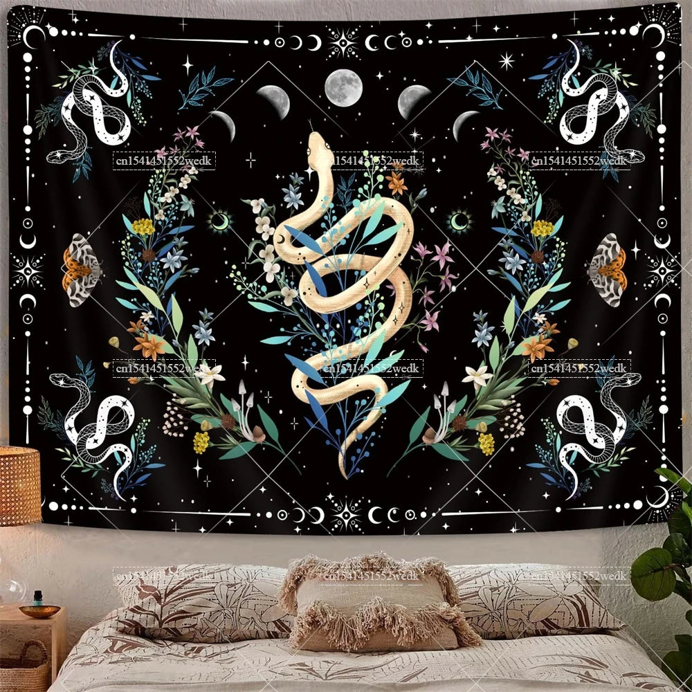 Psychedelic Bohemian Wall Tapestry For Living Room Moon Phase And Stars Tapestrys Butterfly Snake Tapestries Tarot Altar Cloths