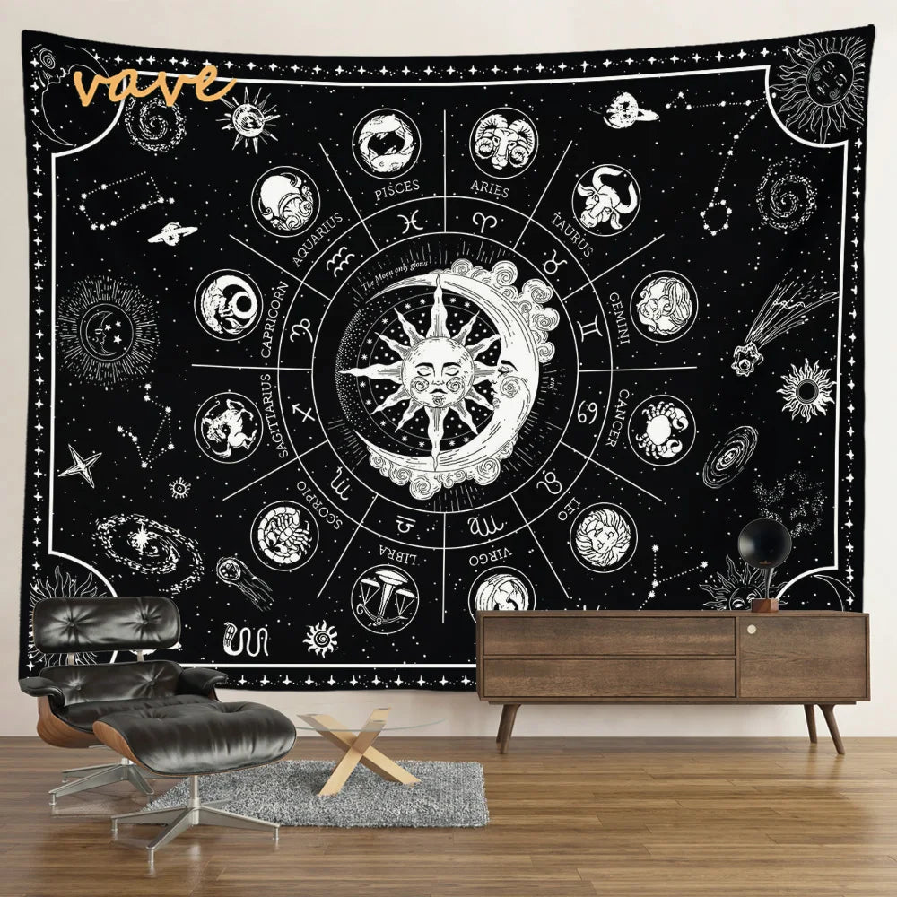 Witchcraft Astrology Mandala Tapestry Black and White Sun Moon Tarot Hippie Aesthetic Cloth Fabric Large Tapestry Wall Hanging