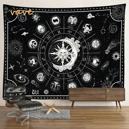 Witchcraft Astrology Mandala Tapestry Black and White Sun Moon Tarot Hippie Aesthetic Cloth Fabric Large Tapestry Wall Hanging