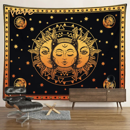 Witchcraft Astrology Mandala Tapestry Black and White Sun Moon Tarot Hippie Aesthetic Cloth Fabric Large Tapestry Wall Hanging