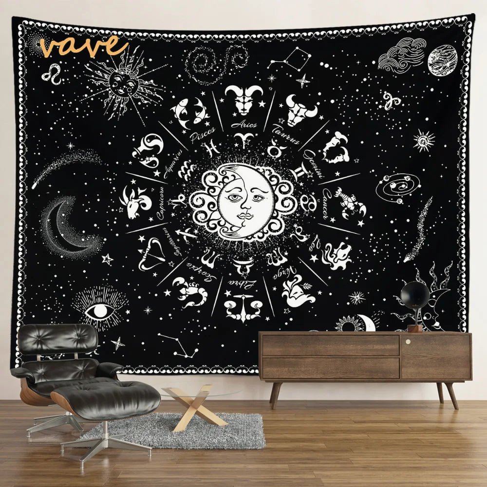 Witchcraft Astrology Mandala Tapestry Black and White Sun Moon Tarot Hippie Aesthetic Cloth Fabric Large Tapestry Wall Hanging