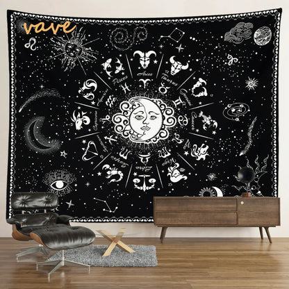 Witchcraft Astrology Mandala Tapestry Black and White Sun Moon Tarot Hippie Aesthetic Cloth Fabric Large Tapestry Wall Hanging